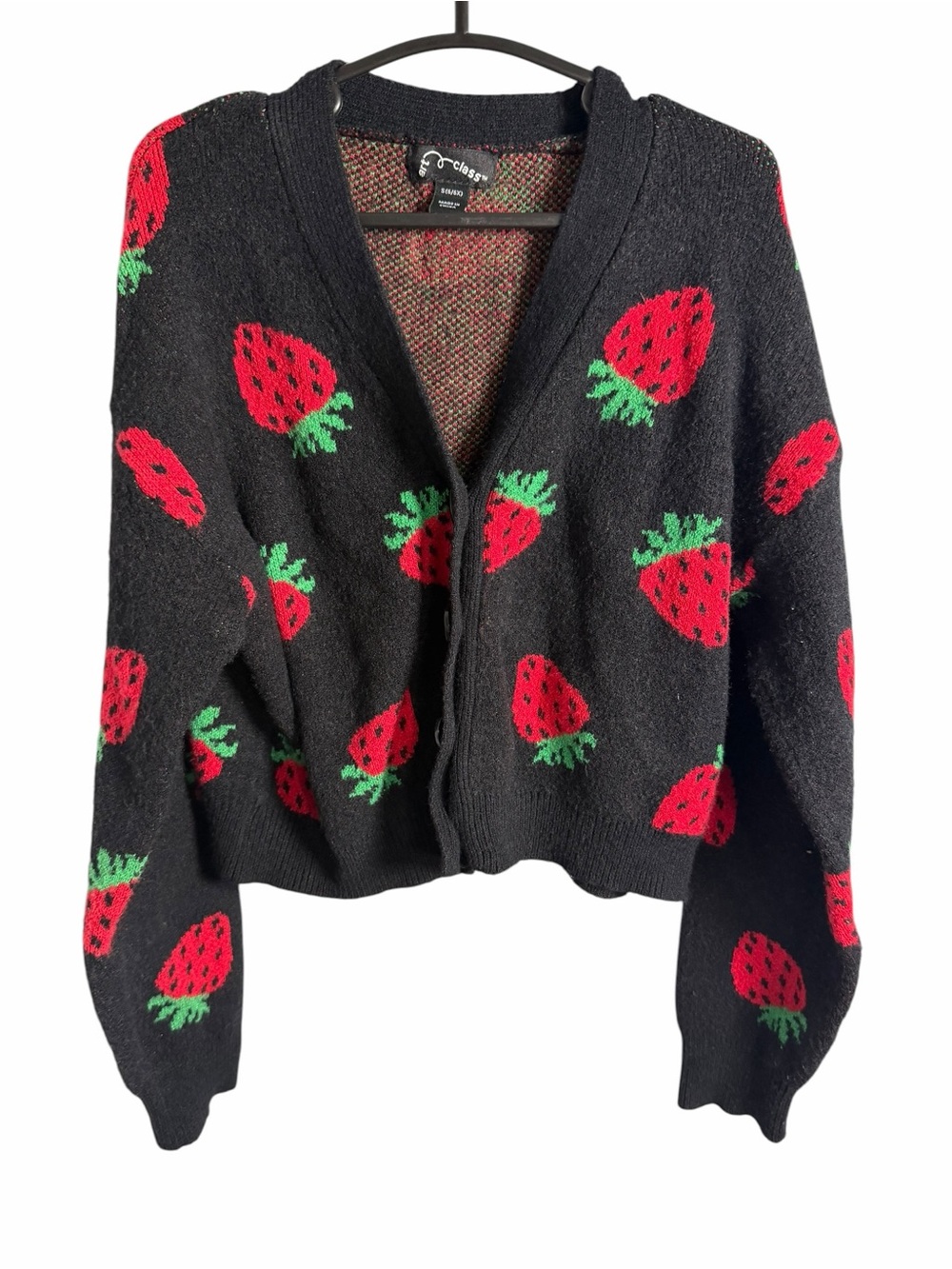 art class Black Cardigan with Red Strawberry Motif - Picture 1 of 6
